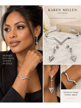 Karen Millen Silver Tone Crystal V Cuff Bracelet & Arrow Drop Earrings Set